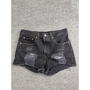 Levis 501 Shorts Womens 30 Black Distressed Denim High Rise Cutoff Jean